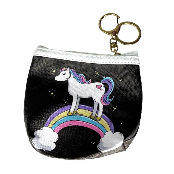 NEW Girls COIN PURSE KEYCHAIN Key Ring Unicorn Rainbow Black Zip Bag Pouch - Picture 1 of 5